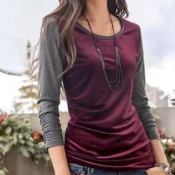Sundance Catalog Burgundy Velvet Ruched Gray Dulcet Tones Tee Top Size M - Picture 1 of 7